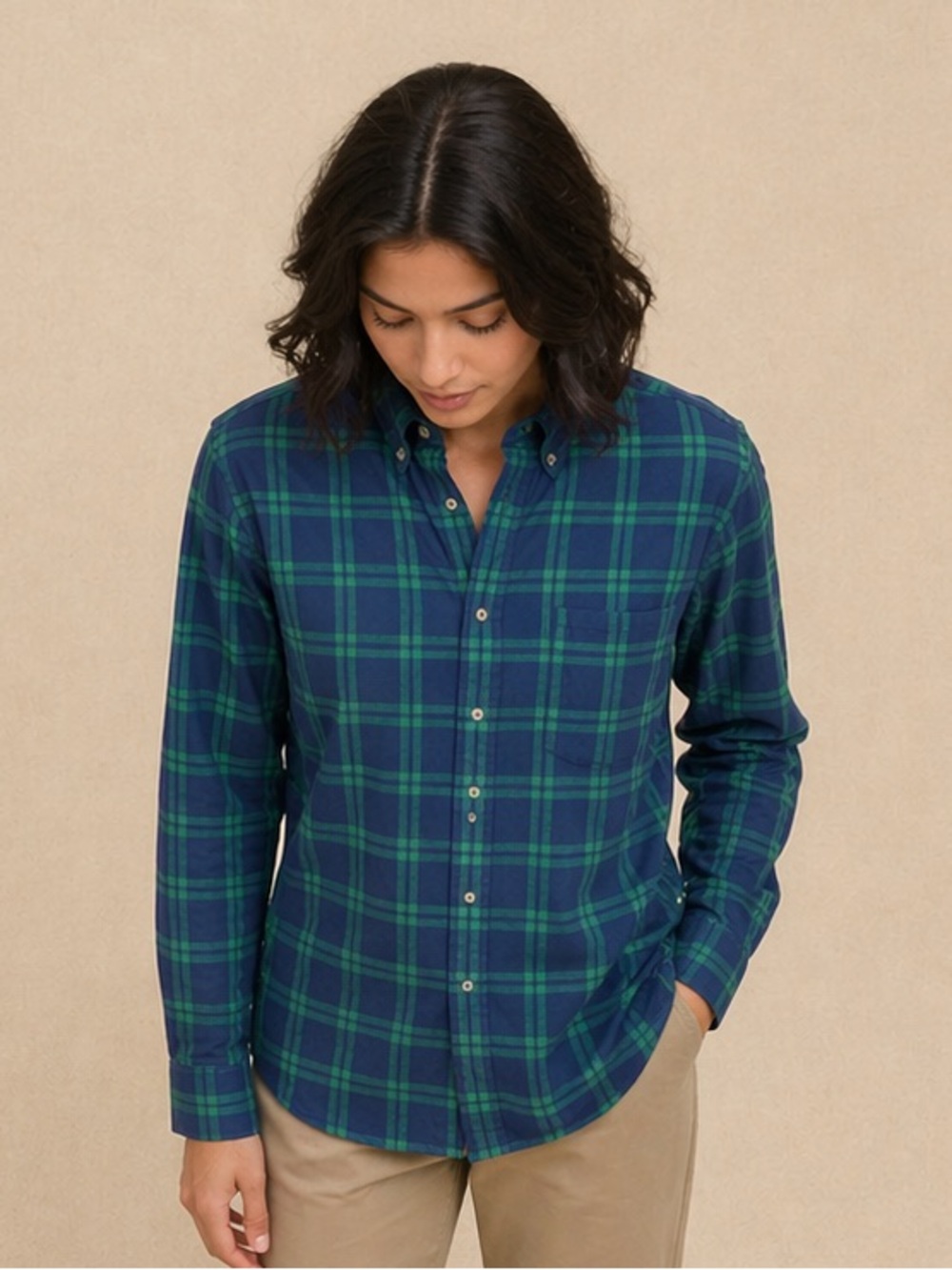 Magna Click Shirt Blue Green Checks Magnetic Snap Long Sleeve Sz S